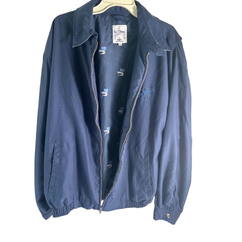 Guy Harvey Jacket XL Blue Zip Up Pockets Embroidered Lined Nautical Sporty‎